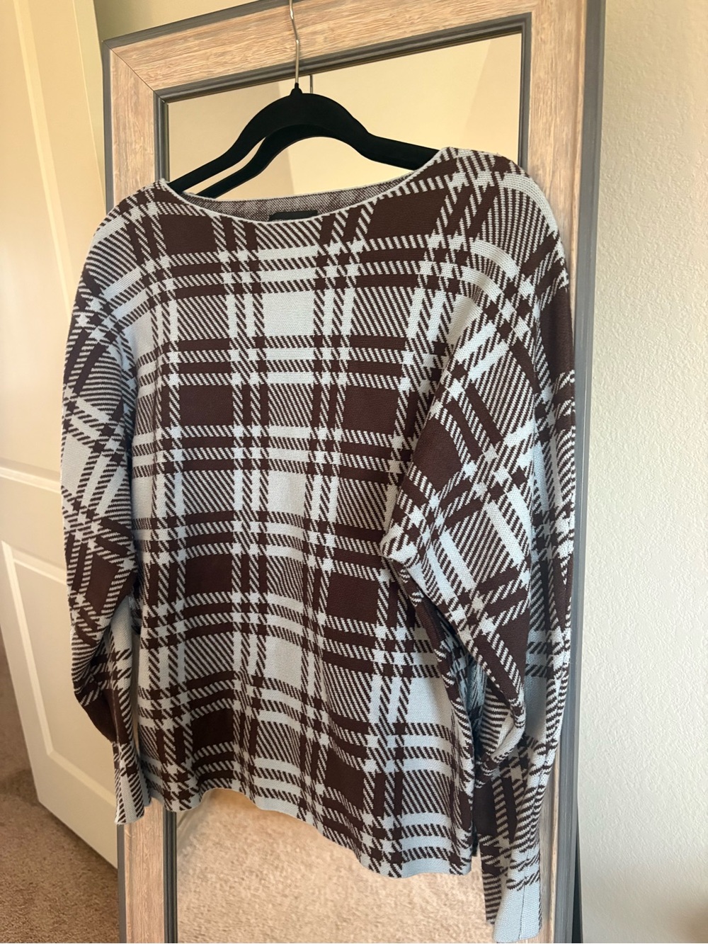 Adrienne Vittadini Brown & Cream Plaid Boatneck Pullover